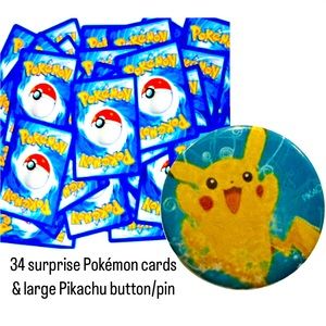 34 Assorted Pokemon Cards & Large Pikachu Button/Pin